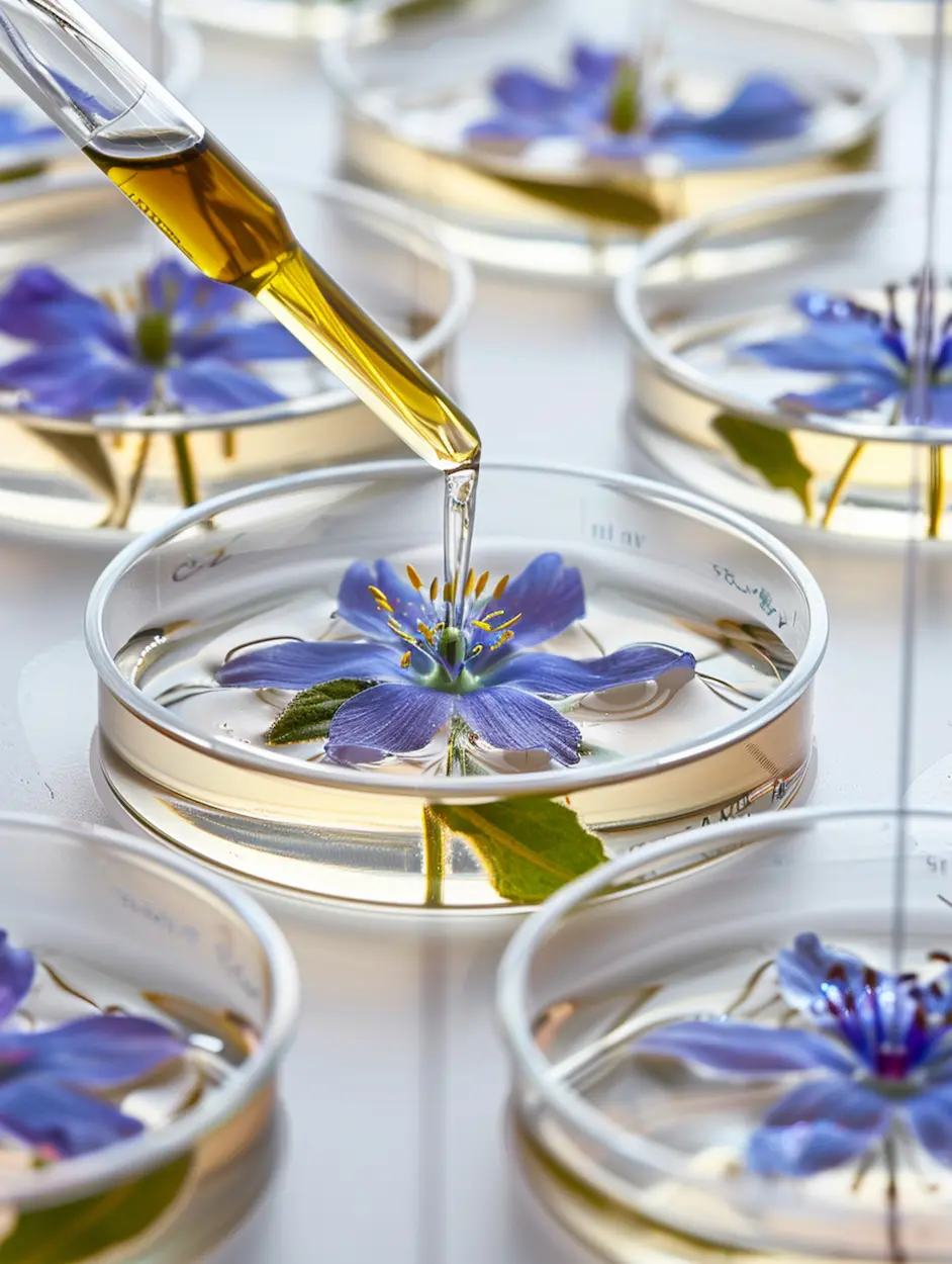 hay-un-cuenco-de-vidrio-lleno-de-flores-azules-y-un-liquido-generativo-ai